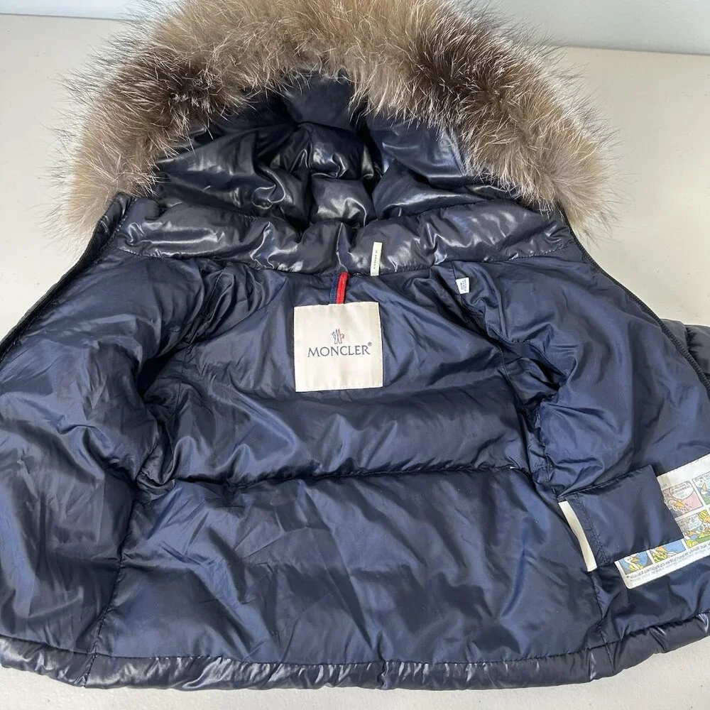 Moncler K2 Hooded Down Jacket Fox‎ Fur Trim Navy Size 6 to 9 months Baby